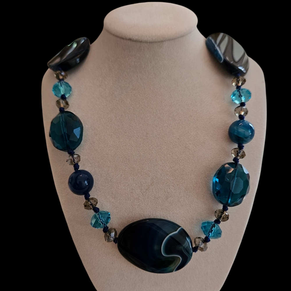 Elegant Banded Blue Agate Crystal Quartz Opera Length  Beaded Necklace